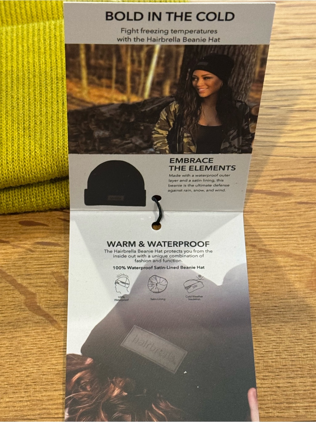 Hairbrella Waterproof Satin-Lined Cuffed Beanie Chartreuse Unisex Nwt Os — image 4 of 5